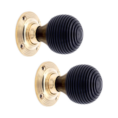 SPIRA BRASS Ebony Beehive Rim/Mortice Door Knob Polished Brass