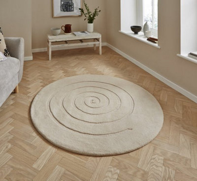Spiral Ivory Rug 140cm Circle. Knotted & Tufted Wool