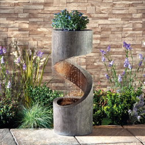 Spiral Rainfall Water Feature with Planter & LED Lights, Self-Contained Outside Ornament for Garden, Patio & Decking (Height 79cm)
