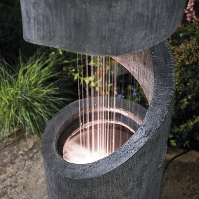 Spiral Rainfall Water Feature with Planter & LED Lights, Self-Contained Outside Ornament for Garden, Patio & Decking (Height 79cm)