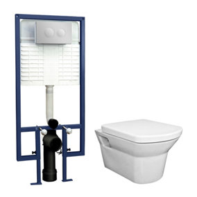 Spirit Round Wall Hung Toilet Pan, Soft Close Seat & Concealed Cistern with Round Push Button Plate, 400mm  - Balterley