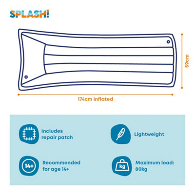 SPLASH Inflatable Water Lounger Mat Yellow Pool Lilo Float with Pillow ...