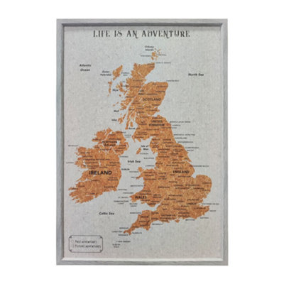 Splosh Travel Map UK & Ireland Pin Cork Board with 100 Pins Grey Wood Large 93.5 x 64.5cm