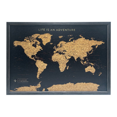 Splosh Travel Map World Pin Cork Board with 100 Pins Black Medium 77 x 53.5cm