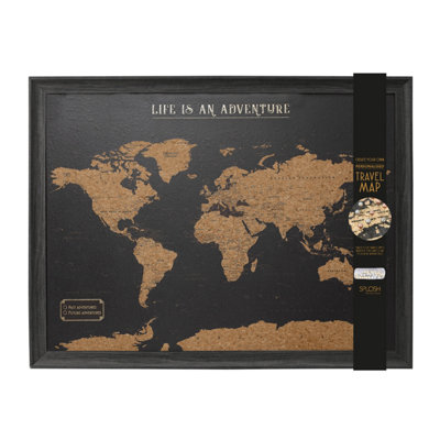 Splosh Travel Map World Pin Cork Board with 100 Pins Black Wood Large 93.5 x 64.5cm