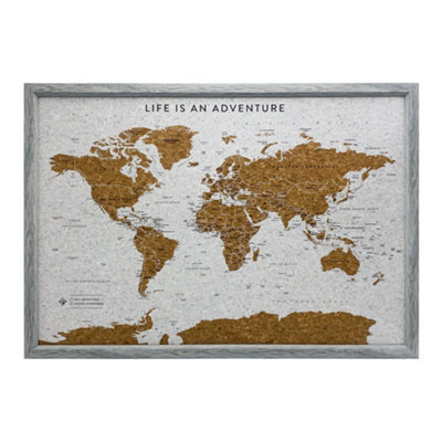 Splosh Travel Map World Pin Cork Board with 100 Pins Grey Medium 77 x 53.5cm