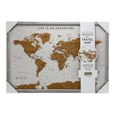Splosh Travel Map World Pin Cork Board with 100 Pins Grey Medium 77 x ...