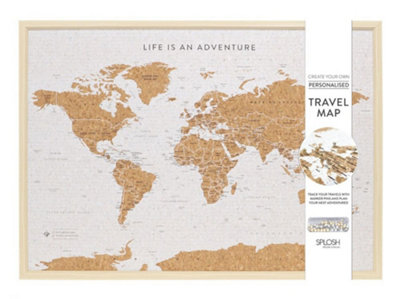 Splosh Travel Map World Pin Cork Board with 100 Pins Light Wood Large 93.5 x 64.5cm
