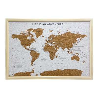 Splosh Travel Map World Pin Cork Board with 100 Pins Light Wood Medium 77 x 53.5cm