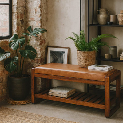 Spoleto Small Mango Wood Bench with Buffalo Leather Seat and Slatted Shelf
