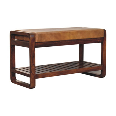 Spoleto Small Mango Wood Bench with Buffalo Leather Seat and Slatted Shelf
