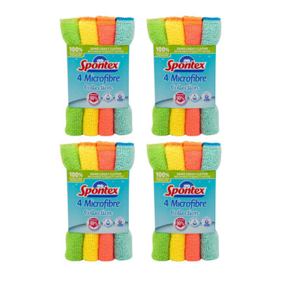 Spontex Microfibre Cleaning Cloths - 16 Ultra-Soft Cloths in 4 Convenient Packs for Superior Cleaning 12230011