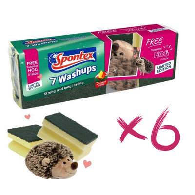 Spontex Washups Sponge Set - 7-Pack x 6 (Total of 42 Sponges) + Hedgehog for the Ultimate Clean 19400072