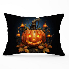 Spooy Pumpkin With Leaves And Small Candles Cushions 33cm x 48cm