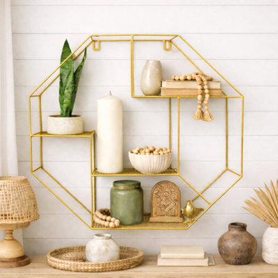 spot on dealz Hexagon Shelf Gold Round Tube Wall Floating Shelf Storage Décor