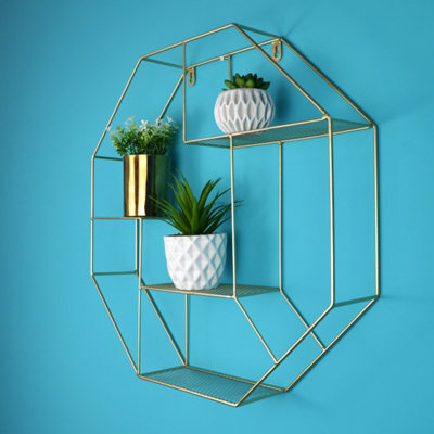 spot on dealz Hexagon Shelf Gold Round Tube Wall Floating Shelf Storage Décor