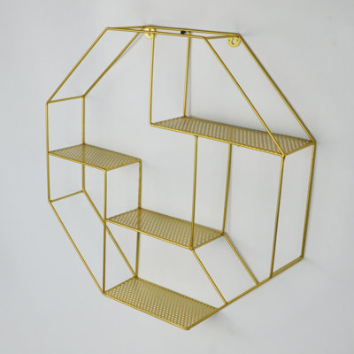 spot on dealz Hexagon Shelf Gold Round Tube Wall Floating Shelf Storage Décor