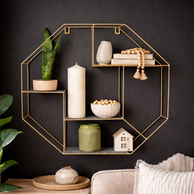 spot on dealz Hexagon Shelf Gold Round Tube Wall Floating Shelf Storage Décor