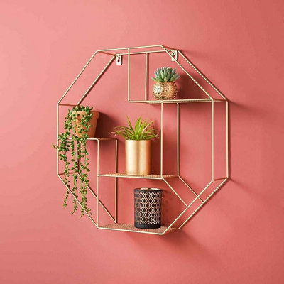 spot on dealz Hexagon Shelf Gold Round Tube Wall Floating Shelf Storage Décor