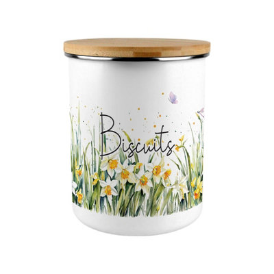 Spring Daffodils Biscuit Canister - Yellow Floral Large Enamel Kitchen ...