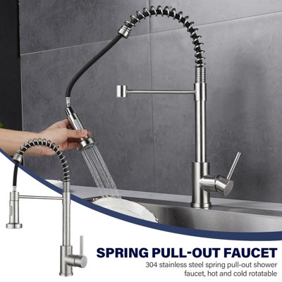 Spring Pull Out Kitchen Tap SUS304 Stainless Steel Mixer Tap with 2 ...