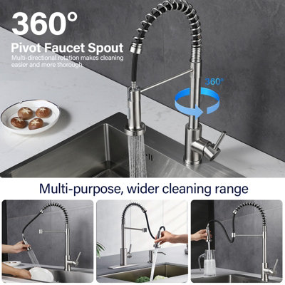 Spring Pull Out Kitchen Tap SUS304 Stainless Steel Mixer Tap with 2 ...