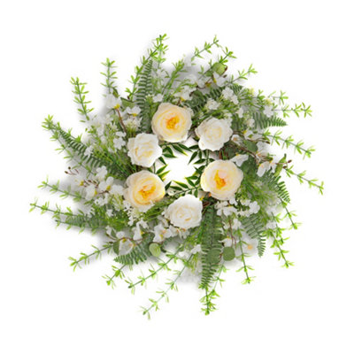 Spring White Flowers with Green Leaves Wreath Farmhouse Door Decor 50 cm