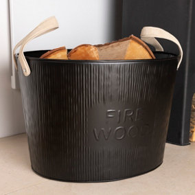Spruce Large Leather Handled Fireside Wood Bucket Iron Classic Style Black Matte