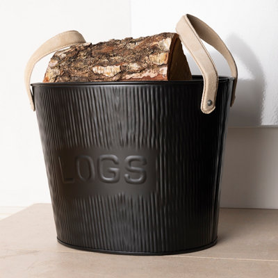 Spruce Small Leather Handled Fireside Wood Bucket Iron Classic Style Black Matte