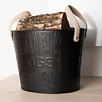 Spruce Small Leather Handled Fireside Wood Bucket Iron Classic Style Black Matte