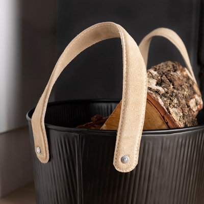Spruce Small Leather Handled Fireside Wood Bucket Iron Classic Style Black Matte