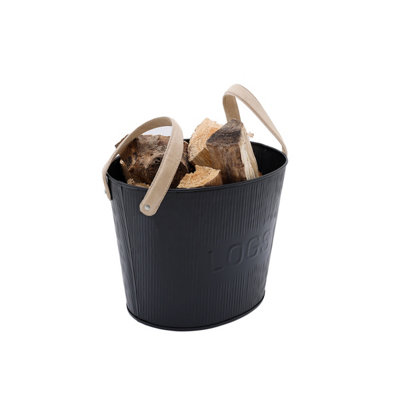 Spruce Small Leather Handled Fireside Wood Bucket Iron Classic Style Black Matte - 4