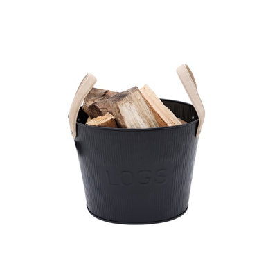 Spruce Small Leather Handled Fireside Wood Bucket Iron Classic Style Black Matte - 5