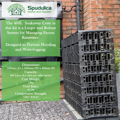 Spudulica Large Capacity Soakaway Kit 1600L 4X 400l Crates, Geotextile and Tape