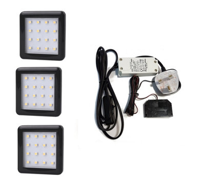 SQUARE 1.5W Black - LED Light Kit Under Cabinet Shelf Cupboard - Light Colour Natural - Lights 3 ...