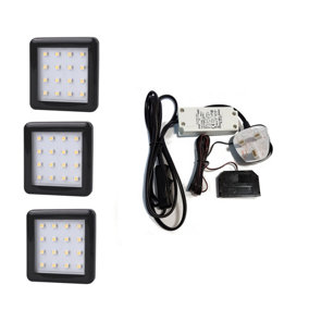 SQUARE 1.5W Black - LED Light Kit Under Cabinet Shelf Cupboard - Light Colour Warm White - Lights 3