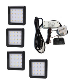 SQUARE 1.5W Black - LED Light Kit Under Cabinet Shelf Cupboard - Light Colour Warm White - Lights 4