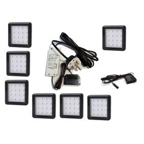 SQUARE 1.5W Black - LED Light Kit Under Cabinet Shelf Cupboard - Light Colour Warm White - Lights 7