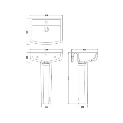 Square 1 Tap Hole Basin & Full Pedestal - 520mm