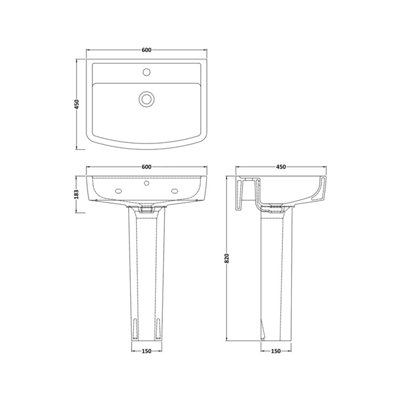 Square 1 Tap Hole Basin & Full Pedestal - 600mm