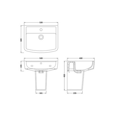 Square 1 Tap Hole Basin & Semi Pedestal - 520mm
