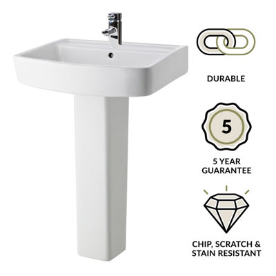 Square 1 Tap Hole Bathroom Basin Sink & Full Pedestal - 600mm - 3