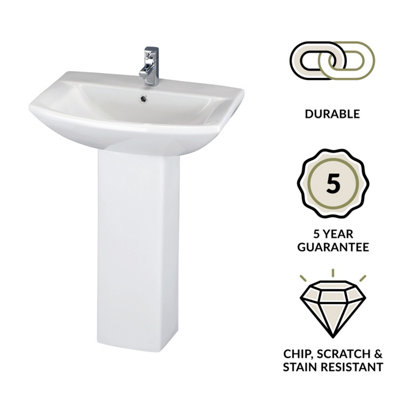 Square 1 Tap Hole Ceramic Basin & Full Pedestal - 600mm - 3