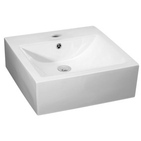 Square 1 Tap Hole Ceramic Countertop Vessel with Overflow - 470mm - Balterley