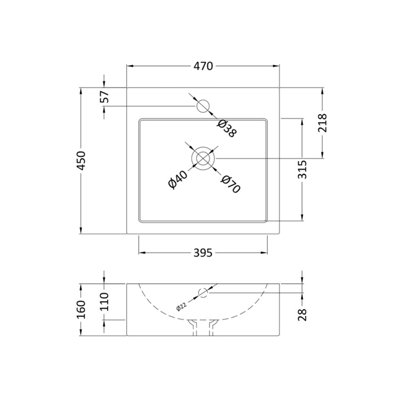 Square 1 Tap Hole Ceramic Countertop Vessel with Overflow - 470mm