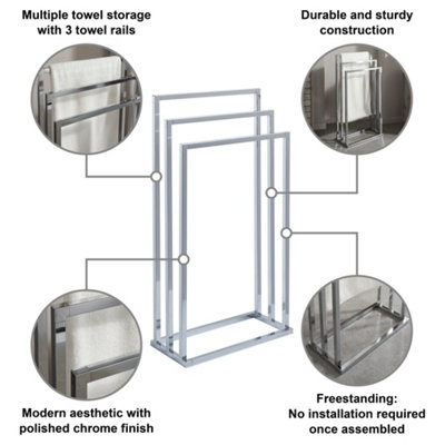 Square 3 Rail Tube Towel Stand in Chrome - 6
