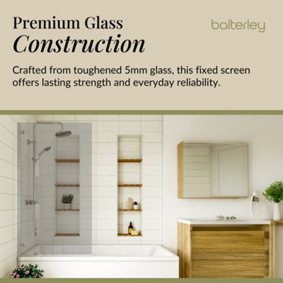 Square 5mm Toughened Safety Glass Hinged Shower Bath Screen - Chrome - Balterley