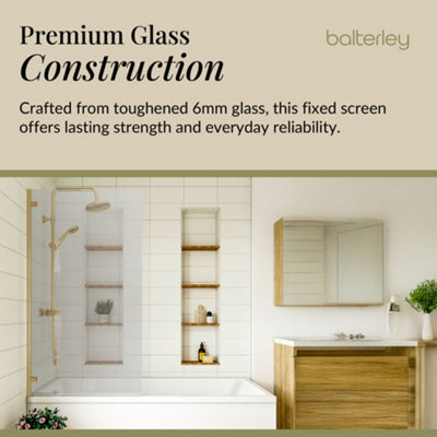 Square 6mm Toughened Safety Glass Hinged Bath Screen - Brushed Brass - Balterley
