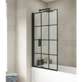Square 6mm Toughened Safety Glass Reversible Straight Framed Bath Screen - Black