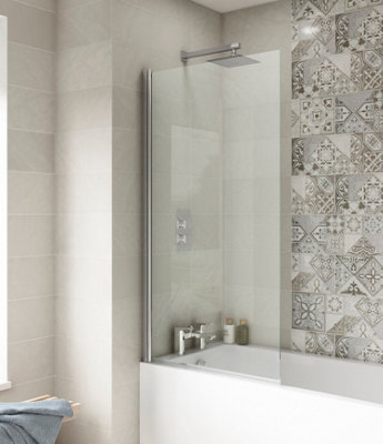 Square 6mm Toughened Safety Glass Reversible Straight Shower Bath Screen - Chrome - Balterley